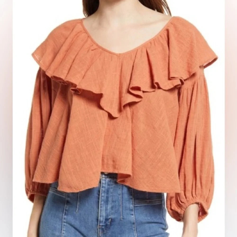 NWT Free People Zuri Ruffle Blouse Ginger Spice/orange XS Small